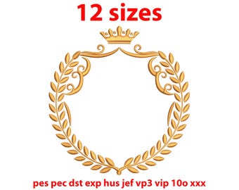 Laurel Wreath with Crown Embroidery Design - Round Frame (Digital Design)