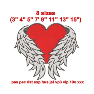 Puede incluir: Diseño de bordado de corazón rojo con alas grises en 8 tamaños: 3", 4", 5", 7", 9", 11", 13" y 15". Formatos de archivo: pes, pec, dst, exp, hus, jef, vp3, vip, 100, xxx.