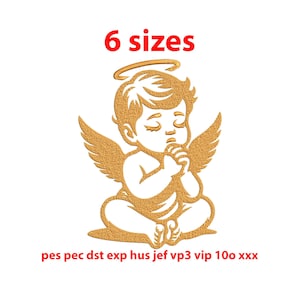 May include: Gold embroidery design of a praying angel with a halo. The design is available in six sizes and in the following formats: pes, pec, dst, exp, hus, jef, vp3, vip, 100, xxx.