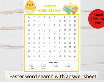 Jeu de recherche de mots imprimable Pâques printemps, carte de jeu de recherche de mots de Pâques, jeu d'école du dimanche, page d'activité à téléchargement immédiat, solution incluse
