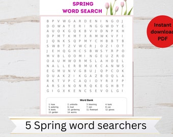 Word Search ~ Spring Word Search ~ Printable ~ Printables - Adult and children word search - 5 spring themed word searches