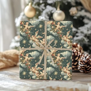 Carta da regalo natalizia con cherubini celesti, carta da regalo per regali di Natale, carta da regalo con design festivo, regalo classico per le feste immagine 3