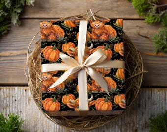 Highland Cow Gift Wrap: Fall Pumpkins & Autumn Florals