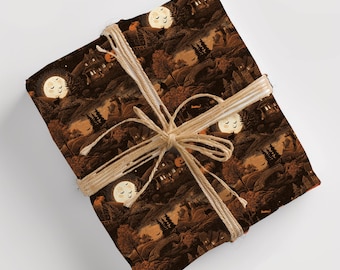 Vintage Halloween Gift Wrap - Spooky Haunted House Wrapping Paper with Pumpkins, Moon & Bats