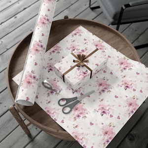 Romantic Floral Gift Wrap - Pink Watercolor Flowers & Hearts - Wedding, Anniversary, Valentine&#39;s Day, Elegant Wrapping Paper
