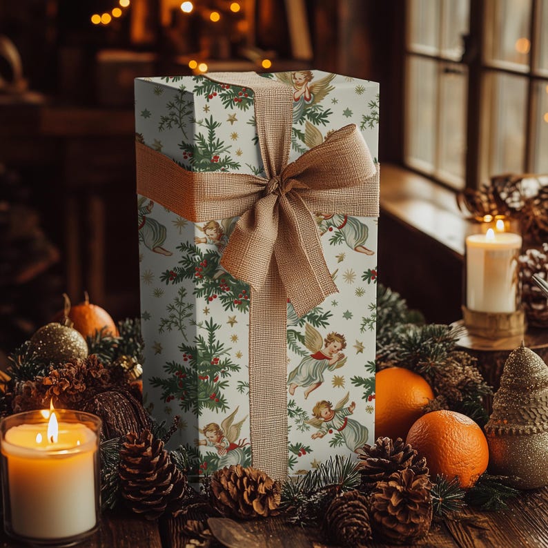 Christmas Angel Gift Wrap - Vintage Holiday Wrapping Paper with Holly and Stars image 8