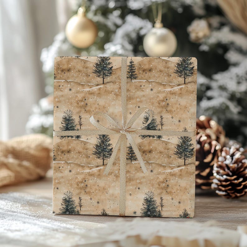 Papel de regalo de pino nevado: papel de regalo navideño rústico para envolver regalos de invierno. imagen 8
