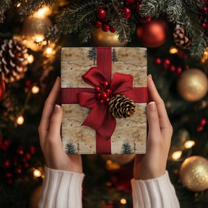 Papel de regalo de pino nevado: papel de regalo navideño rústico para envolver regalos de invierno. imagen 7