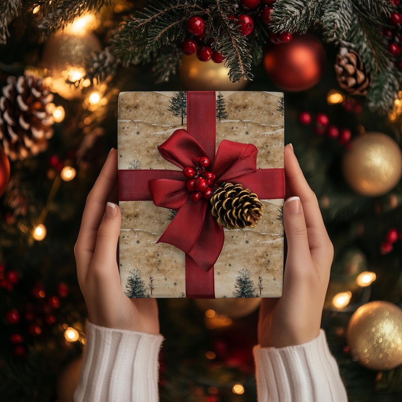 Papel de regalo de pino nevado: papel de regalo navideño rústico para envolver regalos de invierno. imagen 7