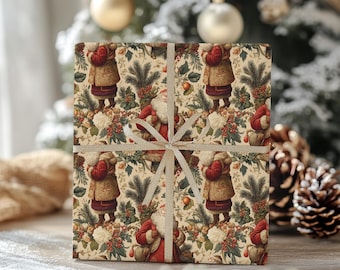 Vintage Santa Claus Gift Wrap - Old World Christmas Wrapping Paper with Florals & Pine for Traditional Holiday Gifting