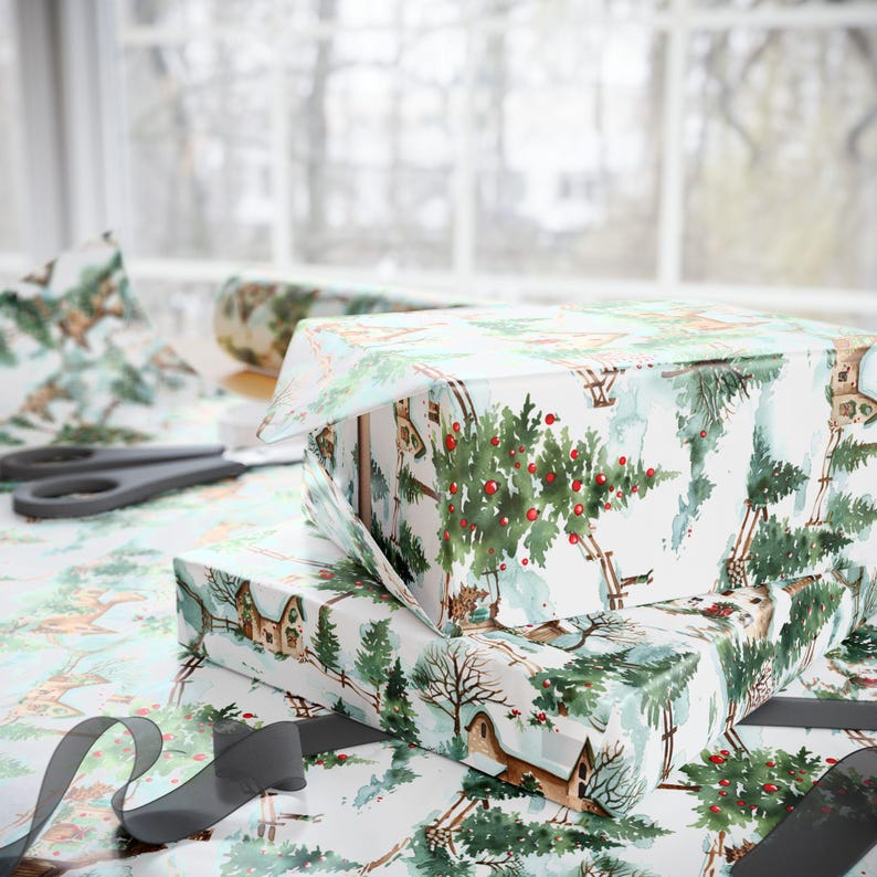 Christmas Gift Wrap Countryside Christmas Cottage Wrapping Paper for Christmas Presents Gift Wrap With Festive Design Classic Holiday Gift bild 5