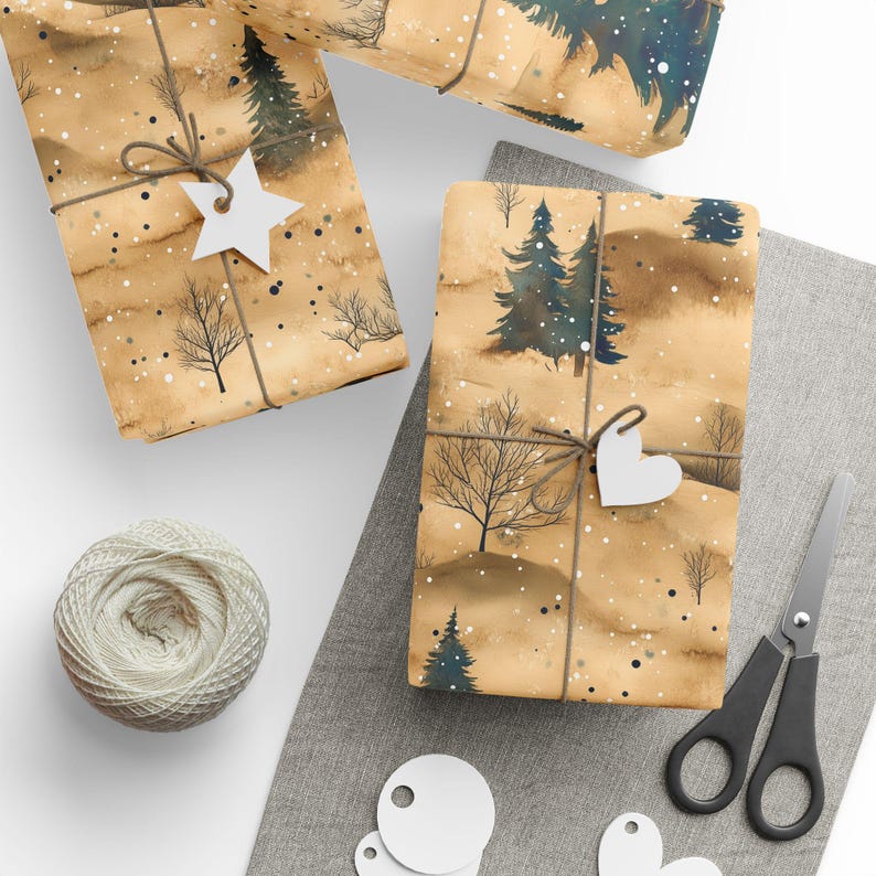 Papel de regalo de pino nevado: papel de regalo navideño rústico para envolver regalos de invierno. imagen 3