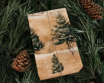 Rustic Winter Wonderland Gift Wrapping Paper Cozy Snowy Cottage Scene Classic Brown Kraft Paper Look Christmas Wrap for Holiday Gifts