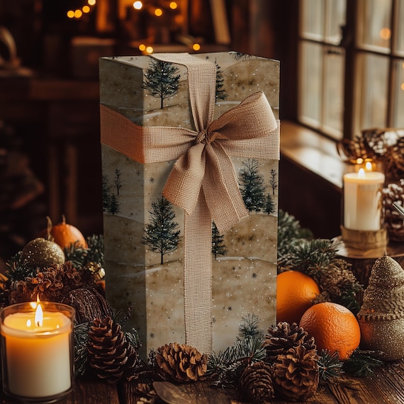Snowy Pine Tree Gift Wrap - Rustic Christmas Wrapping Paper Winter Holiday Packaging