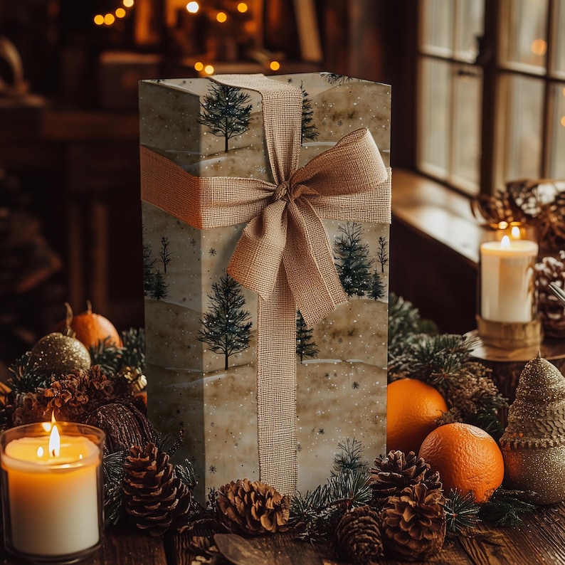 Papel de regalo de pino nevado: papel de regalo navideño rústico para envolver regalos de invierno. imagen 1