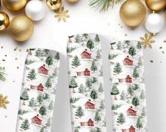 Christmas Red Barn Wrapping Paper – Watercolor Winter Cottage Gift Wrap | 2, 3 or 5 Roll Bundle