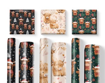 Highland Cow Wrapping Paper Bundle – Christmas Gift Wrap Set | 3 roll Bundle