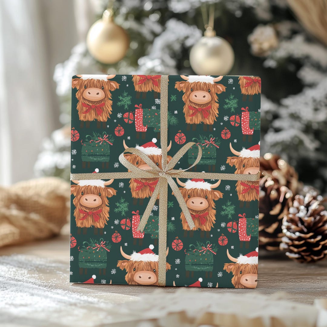 Twizler Womens Birthday Wrapping Paper & Matching Card For Her - Scottish Highland Cow - 4 Sheets