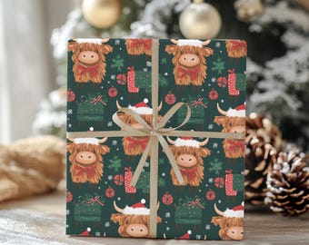 Kerstcadeauverpakking Highland Cow - Leuke inpakpapieren koeien met kerstmutsen
