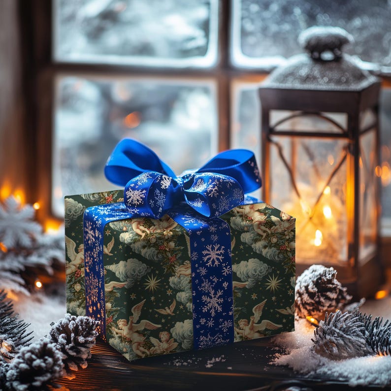 Carta da regalo natalizia con cherubini celesti, carta da regalo per regali di Natale, carta da regalo con design festivo, regalo classico per le feste immagine 9