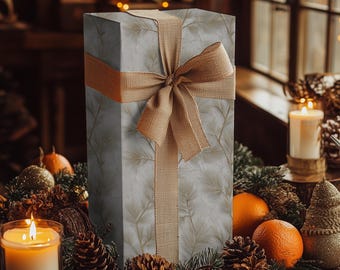 Minimalist Pine Christmas Gift Wrap - Elegant Neutral Wrapping Paper with Gold Pine Branches for Winter, Weddings & Holidays