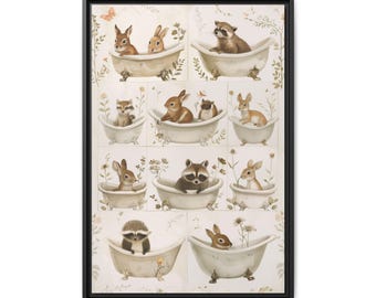 Woodland Animals in Bathtubs Canvas Art: Rustic Farmhouse Nursery Decor