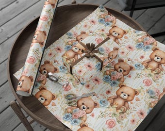 Watercolor Teddy Bear and Flowers Gift Wrap for Kids Birthdays and Baby Showers