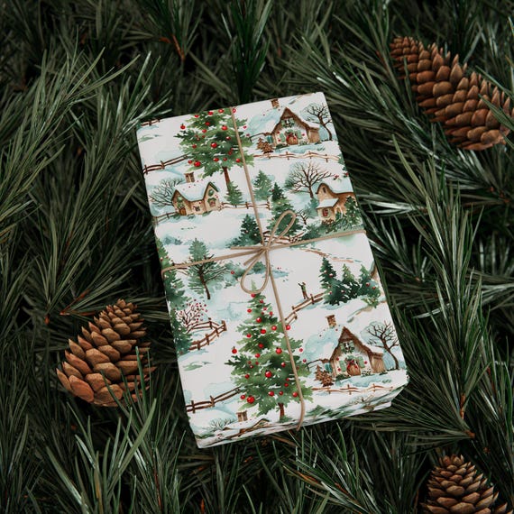 Christmas Gift Wrap Countryside Christmas Cottage Wrapping Paper for Christmas Presents Gift Wrap With Festive Design Classic Holiday Gift