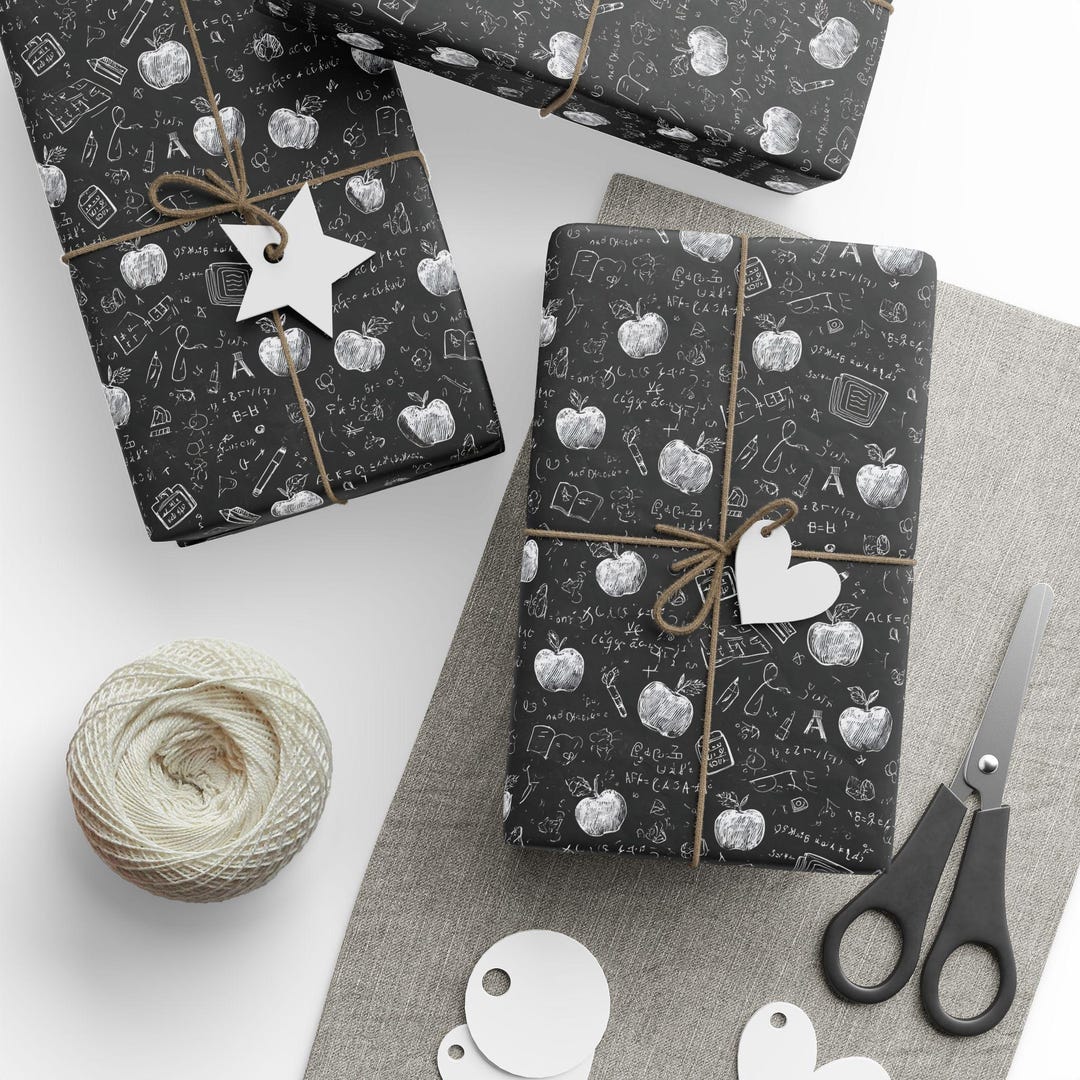 Gift Wrapping Math Chalkboard Teacher Gift Wrap - Black & White Apple and Math Doodle ...