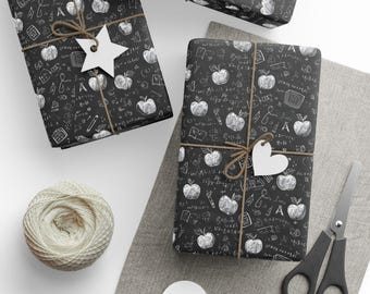 Chalkboard Teacher Gift Wrap - Black & White Apple and Math Doodle Wrapping Paper for Back to School, Grads and Educator Gifts