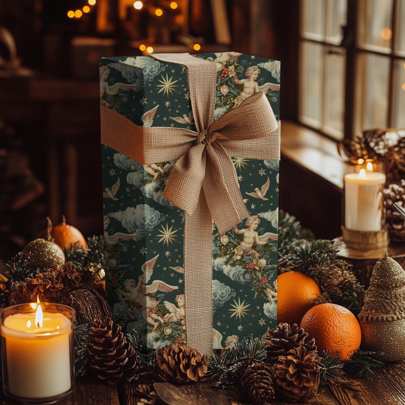 Carta da regalo natalizia con cherubini celesti, carta da regalo per regali di Natale, carta da regalo con design festivo, regalo classico per le feste immagine 6
