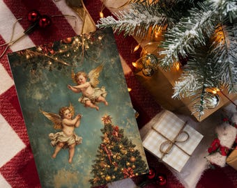 Vintage Angel Christmas Cards Set of 4 – Printable 5x7 Folded Cards + Editable Canva Template|Victorian Holiday Card Bundle|Instant Download