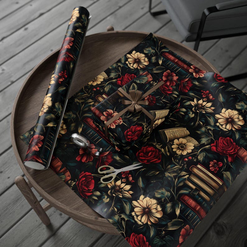 Vintage Gift Wrap - Books and Gothic Floral Design for Book Lovers image 1