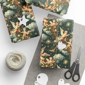 Carta da regalo natalizia con cherubini celesti, carta da regalo per regali di Natale, carta da regalo con design festivo, regalo classico per le feste immagine 4