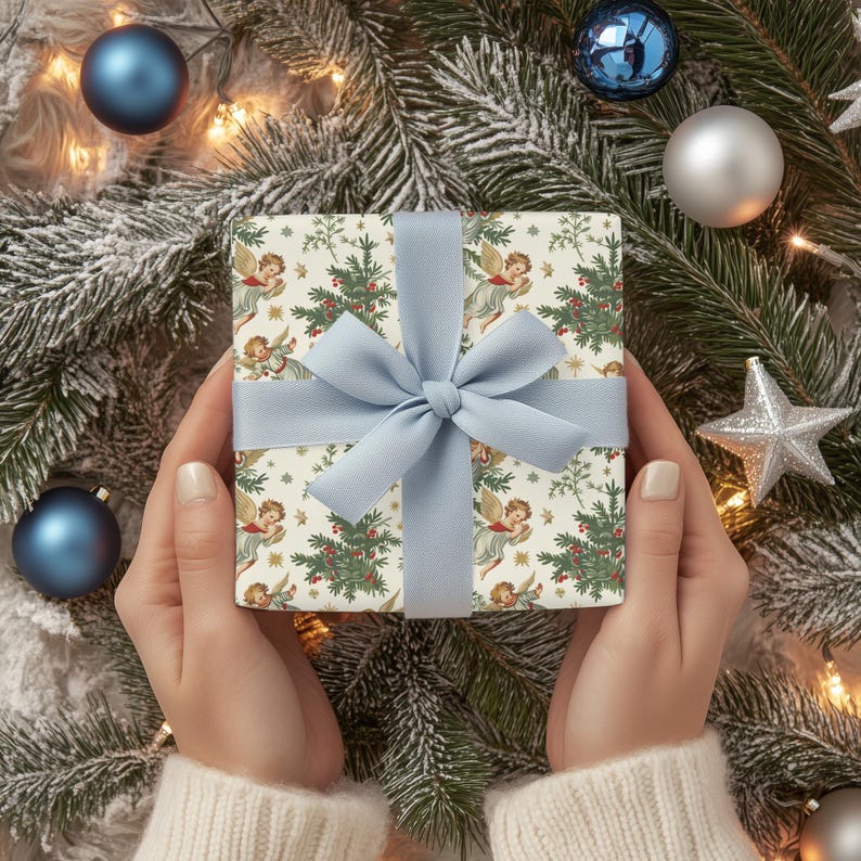 Christmas Angel Gift Wrap - Vintage Holiday Wrapping Paper with Holly and Stars image 7