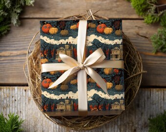 Vintage Halloween Gift Wrap - Pumpkin Patch Wrapping Paper with Haunted House & Autumn Trees