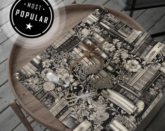 Book Lover Wrapping Paper:  Black and White Books and Flowers Design