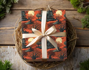 Vintage Halloween Gift Wrap - Haunted House Wrapping Paper with Full Moon, Bats & Graveyard