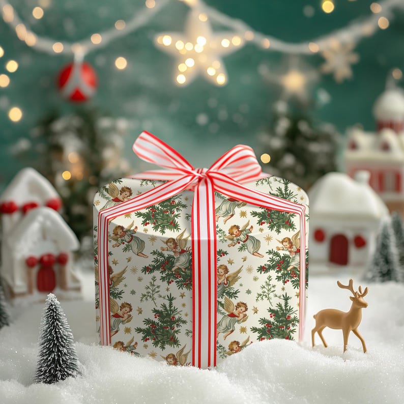 Christmas Angel Gift Wrap - Vintage Holiday Wrapping Paper with Holly and Stars image 9