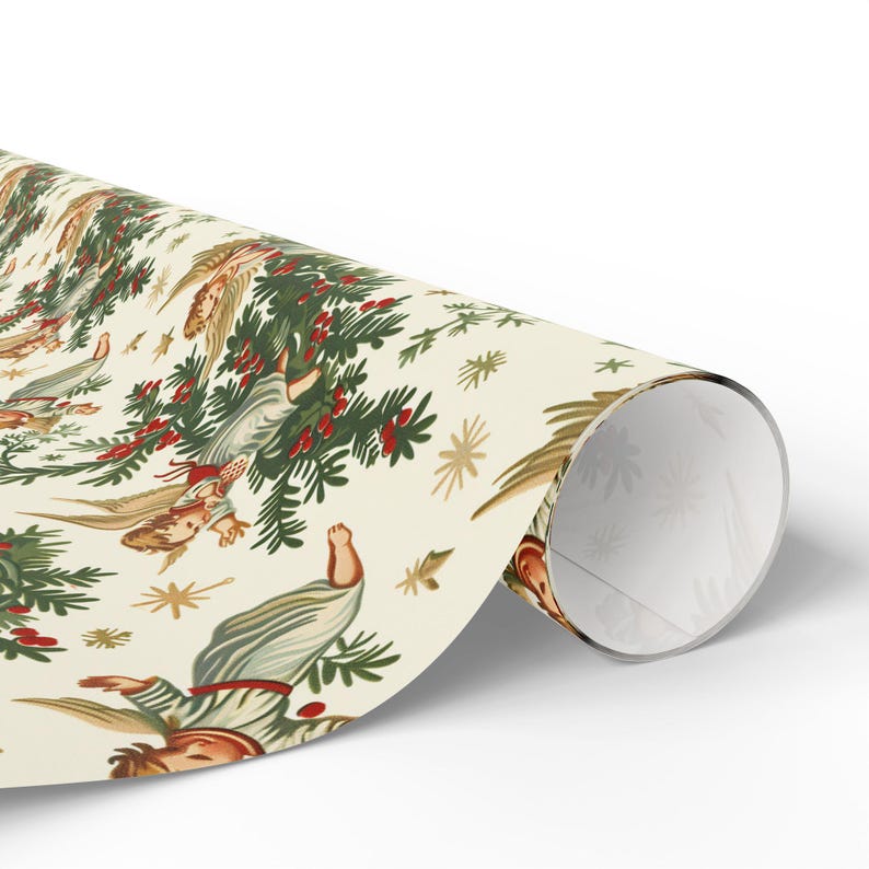 Christmas Angel Gift Wrap - Vintage Holiday Wrapping Paper with Holly and Stars image 2