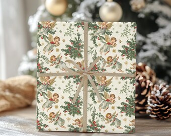Christmas Angel Gift Wrap - Vintage Holiday Wrapping Paper with Holly and Stars