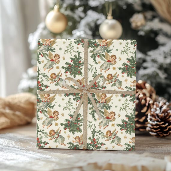 Christmas Angel Gift Wrap - Vintage Holiday Wrapping Paper with Holly and Stars