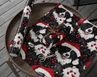 Border Collie Christmas Gift Wrap - Santa Hat Dog Wrapping Paper - Festive Pet Holiday Wrapping Paper with Pinecones & Berries