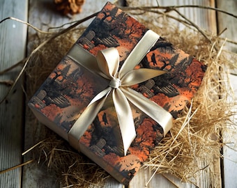 Vintage Halloween Gift Wrap - Haunted House Wrapping Paper with Pumpkins, Ravens & Full Moon