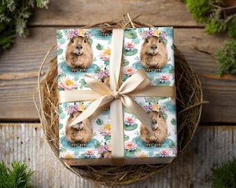 Capybara Gift Wrap with Flowers and Water Lilies - Wrapping Paper for Birthdays & Baby Showers