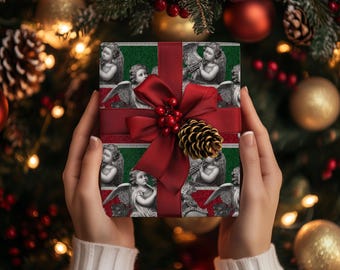 Christmas Cherub Gift Wrap - Vintage Angels with Instruments on Classic Red & Green Background