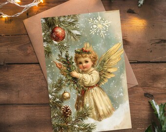 Printable Christmas Angel Card – 5x7 Vintage Holiday Card PDF, Old World Christmas Greeting, Cherub Christmas Art, Instant Download