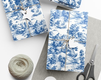 Italian Toile Gift Wrap - Blue and White Vintage Landscape Wrapping Paper, Elegant Gift Wrap for Weddings, Anniversaries & Hostess Gifts