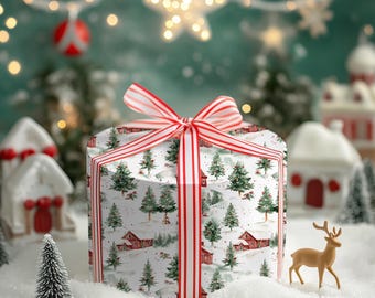 Nostalgic Winter Farm Gift Wrap: Red Barn Christmas Wrapping Paper with Snowy Trees and Countryside Landscape