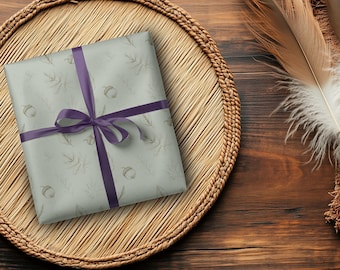 Sage Green Fall Wrapping Paper: Hand-Drawn Leaves & Acorns